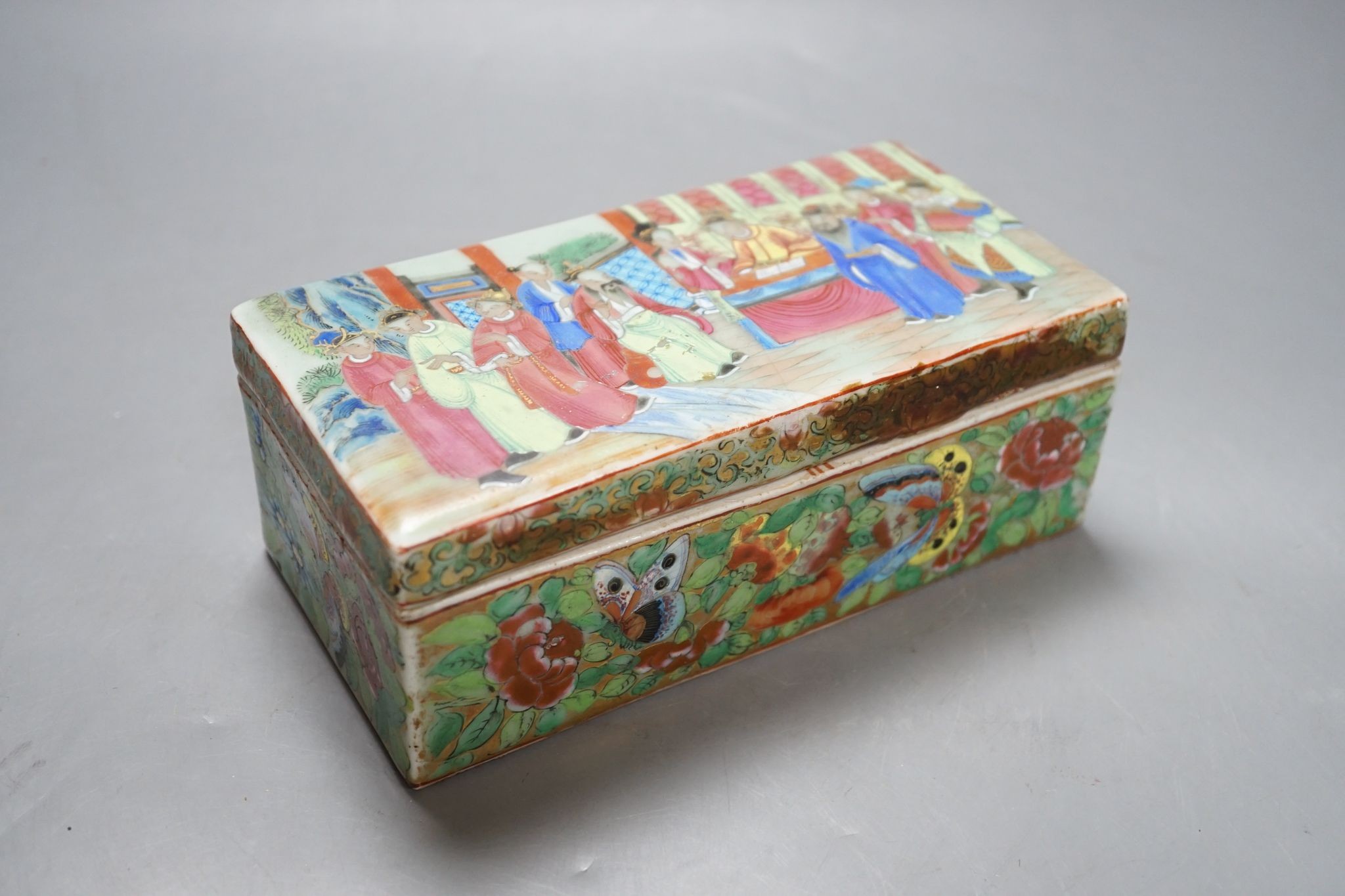 A Canton famille rose pen box, restored, 19cm